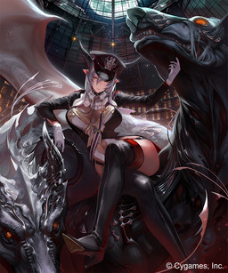 boots breasts chain cleavage clothed clothing collar female footwear gloves grey_hair group hair handwear hat headgear headwear high_heeled_boots high_heels horn inside legwear lock membrane_(anatomy) membranous_wings mmouse1214 monster_girl_(genre) moon night prison ribbons sash shoes sitting thigh_boots thigh_highs uniform whip wings yellow_eyes unknown_artist cygames mythology canid canine demon dragon humanoid mammal monster mythological_creature mythological_scalie scalie 5:6 hi_res
