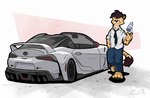 anthro car clothed clothing countershading fur hair male simple_background smile solo spots topwear vehicle the_raf toyota toyota_supra cole_(cole_rs) amur_leopard felid leopard mammal pantherine digital_media_(artwork)