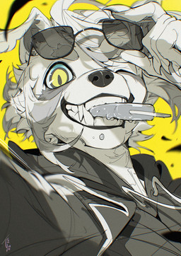 5_fingers anthro bangs black_clothing black_eyewear black_hoodie black_sunglasses black_topwear button_ears claws closed_smile clothed clothing dessert eyebrows eyewear eyewear_on_head fangs finger_claws fingers floppy_ears food food_in_mouth fur hair holding_eyewear holding_object holding_sunglasses hoodie ice_cream looking_at_viewer male mouth_closed mouth_hold one_eye_closed pawpads side_bangs simple_background smile smiling_at_viewer solo split_pupils sunglasses sunglasses_on_head teal_sclera teeth topwear white_body white_fur white_hair wink winking_at_viewer yellow_background yellow_eyes chiayeeee canid canine mammal 2025 bust_portrait digital_drawing_(artwork) digital_media_(artwork) hi_res portrait