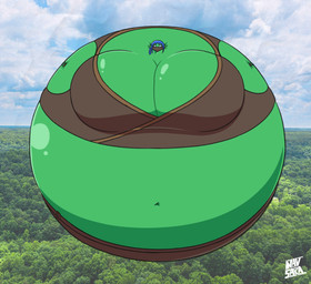 air_inflation belly belly_expansion belt big_belly big_breasts black_eyebrows blue_hair blue_sky bodily_fluids body_inflation bottomwear breast_expansion breasts brown_belt brown_bottomwear brown_clothing brown_fingerless_gloves brown_gloves brown_handwear brown_pants brown_topwear clothing cloud expansion eyebrows female fingerless_gloves floating front_view gloves green_body green_ears hair handwear huge_belly huge_breasts humanoid_pointy_ears hyper hyper_belly hyper_breasts hyper_inflation immobile inflation logo mask navel no_pupils not_furry outside pants photo_background plant pointy_ears ponytail round_body sky solo spherical_inflation sunken_head sunken_limbs sweat sweatdrop text tight_clothing topwear tree white_eyes worried navsaka activision skylanders stealth_elf_(skylanders) elf humanoid 2026 artist_logo artist_name cel_shading colored digital_media_(artwork) hi_res mixed_media photography_(artwork) shaded