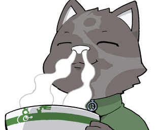 anthro black_body black_fur bowl clothing container eyes_closed fingers fur green_clothing green_topwear happy holding_bowl holding_container holding_object male simple_background sniffing solo topwear white_background moesouna_gomi ringula domestic_cat felid feline felis mammal 2026 6:5