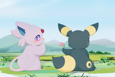 ambiguous/ambiguous ambiguous_gender anthro anthro_on_anthro anthrofied black_body black_ears black_fur black_tail blue_inner_ear blush cheek_tuft chibi day detailed_background duo ear_markings facial_markings facial_tuft flower forehead_gem forked_tail fur gem grass head_markings holding_flower holding_object kemono landscape leg_markings markings monotone_tail mountain multicolored_body multicolored_ears multicolored_fur multicolored_tail nature nude offering_to_another outside pink_body pink_ears pink_fur pink_tail plant pupils purple_eyes rear_view ring_(marking) ringed_tail romantic romantic_couple semi-anthro side_view sitting sky standing striped_markings striped_tail stripes tail tail_markings tuft two_tone_body two_tone_ears two_tone_fur two_tone_tail unusual_anatomy unusual_tail white_pupils yellow_body yellow_ears yellow_fur yellow_markings yellow_tail hirochanu nintendo pokemon canid eeveelution espeon felid feline generation_2_pokemon mammal pokemon_(species) umbreon colored digital_media_(artwork) full-length_portrait hi_res portrait shaded