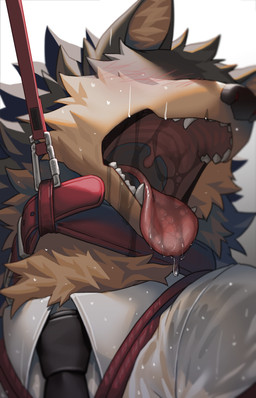 anthro bdsm black_body black_fur black_nose blush bodily_fluids bondage bound bound_male brown_body brown_fur clothed clothing collared_shirt dripping fur kemono leash leash_pull male necktie pointy_ears restraints rope rope_bondage saliva saliva_drip saliva_on_tongue shirt simple_background solo sweat sweatdrop tongue tongue_out topwear ty_arashi canid canine canis mammal wolf 9:14 absurd_res alternate_version_at_source hi_res