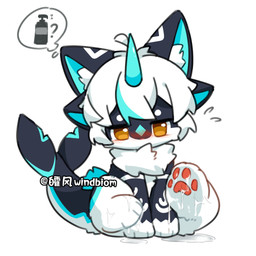3_fingers 4_ears 4_toes ahoge anthro bangs black_body black_ears black_fur blue_body blue_fur blue_highlights blue_horn blue_inner_ear blush blush_lines bodily_fluids cetacean_tail cheek_tuft chest_tuft circle_eyebrows cum cum_on_body cum_on_feet cum_on_ground cum_string emanata eyebrows facial_tuft feet fin fingers foot_fetish foot_focus fur fur_markings genital_fluids hair highlights_(coloring) horn inner_ear_fluff legs_up looking_at_foot looking_down looking_down_at_self lotion_bottle male markings mitten_hands multi_ear oblivious orange_eyes pink_nose question_mark raised_leg simple_background solo tail tail_fin text thought_bubble toes tuft unwanted_cum_on_body white_background white_body white_fur white_hair white_inner_ear_fluff young young_anthro young_male windbiom hefeng_character aquatic cetacean furred_cetacean mammal artist_name hi_res watermark