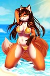 5_fingers anthro beach bikini black_nose breasts clothing collar female fingers fur gloves_(marking) gold_bikini hair humanoid_hands kneeling markings multicolored_body multicolored_fur navel orange_body orange_fur red_hair sea smile solo swimwear tail two-piece_swimsuit two_tone_body two_tone_fur water white_body white_fur kamri2032 golden_week cynthia_saito canid canine fox mammal red_fox true_fox hi_res