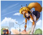 anthro city cleaning_tool clothed clothing duo extreme_size_difference eyes_closed female gentle_giant larger_anthro larger_female legwear macro macro_female maid_uniform male outside raised_tail road_sign size_difference smaller_anthro smaller_male smile stockings tail truck uniform vehicle lightly-san lightly_breeze_(pony-way) felid feline lynx mammal digital_media_(artwork) hi_res shaded