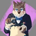 anthro blue_eyes blush bow_tie brown_body brown_fur clothing digit_ring duo eyebrows facial_scar first_person_view fur jewelry looking_at_viewer male ring scar smile suit thick_eyebrows wedding wedding_ring lionlion1202102 lifewonders tokyo_afterschool_summoners moritaka_(tas) canid canine canis domestic_dog human mammal 1:1 hi_res