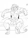 anthro balls black_nose clothed clothing erection front_view genitals looking_at_viewer male partially_clothed penis pokemorph solo donryu nintendo pokemon arcanine canid canine generation_1_pokemon mammal pokemon_(species) hi_res monochrome