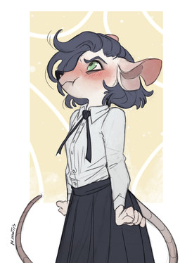 ambiguous_gender anthro blush bottomwear bow_ribbon breasts clenched_hands clipped_ear clothing collared_shirt dress_shirt female fur green_eyes hair looking_up pouting purple_hair shirt side_view skirt small_breasts snout solo topwear white_body white_fur marcie_montis unnamed_character mammal murid murine rodent portrait three-quarter_portrait