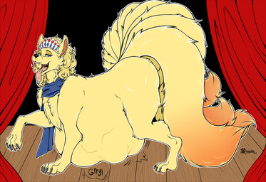 9_tails abdominal_bulge belly big_belly bodily_fluids claws crown curtains digestion digestion_noises ears_up fangs female feral fully_inside fur hair headgear looking_at_viewer mostly_nude multi_tail on_stage open_mouth paws red_curtains rumbling_stomach saliva saliva_on_tongue scarf smile smiling_at_viewer soft_vore solo stage tail teeth tiara tongue tongue_out vore marcushunter nintendo pokemon emberflame_(tavin_forchune) canid canine generation_1_pokemon mammal ninetales pokemon_(species) 2021 signature