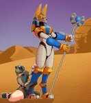 desert duo holding_object holding_staff machine male red_eyes robot_gore staff trueblue3d capcom mega_man_(series) mega_man_zero anubis_necromancess canid canine canis jackal mammal reploid robot hi_res