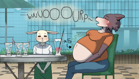 anthro apron belly beverage big_belly blush bodily_fluids bottomwear breasts brown_body brown_fur burping chair clothing drinking_straw duo empty_glass eyes_closed female fur furniture long_ears milkshake navel onomatopoeia outside overeating overweight overweight_female pants rumbling_stomach shirt sound_effects sweat sweatdrop table tan_body tan_fur text topwear waiter white_body white_fur sodiux beastars haru_(beastars) juno_(beastars) canid canine canis lagomorph leporid mammal rabbit wolf 2026
