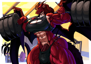 abs anthro barbell biceps big_breasts big_muscles big_penis bodily_fluids bra breasts clothing deltoids erection exercise fin forearm_muscles genitals gym gynomorph head_fin horn huge_muscles huge_penis huge_thighs intersex membrane_(anatomy) membranous_wings muscular muscular_anthro muscular_gynomorph muscular_intersex muscular_thighs o-ring obliques penis penis_base quads red_body red_scales scales serratus solo sweat thick_thighs triceps underwear weightlifting weights wings workout inugatami mythology dragon mythological_creature mythological_scalie scalie hi_res