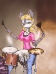 clothed clothing drum female musical_instrument one_eye_closed open_mouth percussion_instrument sitting solo iaguara_bishop mestra_bebe lagomorph leporid mammal rabbit hi_res