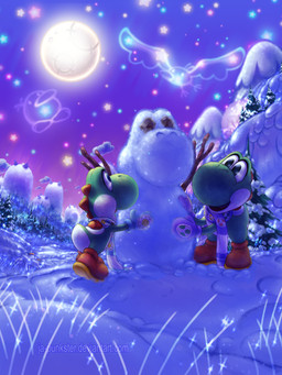 ambiguous_gender clothing detailed_background duo egg footwear full_moon moon night open_mouth plant scarf sky snow star starry_sky text tree yoshi_egg ja-punkster mario_bros nintendo yoshi's_island avian bird corvid corvus_(genus) goonie green_yoshi oscine passerine raven yoshi 2015 3:4 hi_res url