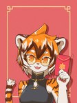 anthro asian_clothing brown_body brown_fur chinese_clothing clothing countershading east_asian_clothing eyewear female female_anthro fur glasses hair holding_object kemono looking_at_viewer multicolored_body multicolored_fur multicolored_hair open_mouth open_smile orange_body orange_fur orange_hair red_envelope smile solo white_body white_fur white_hair rabbitmenglong arknights hypergryph studio_montagne waaifu_(arknights) felid mammal pantherine tiger bust_portrait hi_res portrait