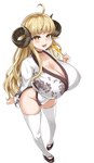 big_breasts blonde_hair blush breasts cleavage clothed clothing female hair horn huge_breasts legwear not_furry simple_background solo white_background kim_wang_jyang cygames granblue_fantasy anila_(granblue) draph horned_humanoid humanoid absurd_res hi_res