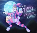 anthro basket bell bulge butt clothing clown container easter_basket easter_egg egg feet fool's_hat fur hat headgear headwear holidays jester long_ears makeup male moon night open_mouth outside purple_body purple_fur solo yellow_eyes naughtyjester april_fools'_day easter jessie_(lapinbeau) lagomorph leporid mammal rabbit 2018 digital_drawing_(artwork) digital_media_(artwork) hi_res