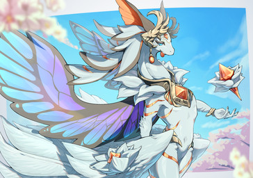 ambiguous_gender anthro fingers flower fur horn looking_at_viewer navel non-mammal_navel nude outside plant smile solo white_body white_fur wings kitsuko3310 dragon_village mythology dragon feyrex_(dragon_village) mythological_creature mythological_scalie scalie hi_res