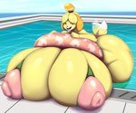 6:5 absurd_res animal_crossing anthro areola bent_over ber00 big_breasts big_butt bikini blonde_hair breasts butt canid canine canis clothing dipstick_tail domestic_dog female fingers hair half-closed_eyes hi_res huge_breasts huge_butt hyper hyper_breasts ineffective_clothing inflatable inner_tube isabelle_(animal_crossing) looking_at_viewer mammal markings mostly_nude narrowed_eyes nintendo nipples open_mouth partially_submerged pink_areola pink_nipples shih_tzu solo swimming_pool swimwear tail tail_markings tail_motion tailwag thick_thighs toy_dog water yellow_body