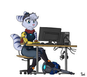 anthro blue_body blue_eyes blue_fur computer cybernetic_arm cybernetic_limb electronics eyewear female fur goggles hair hammer pink_nose prosthetic prosthetic_arm prosthetic_limb scarf solo stripes tools kamipl ratchet_and_clank sony_corporation sony_interactive_entertainment rivet_(ratchet_and_clank) lombax mammal absurd_res hi_res