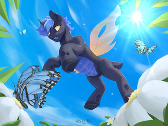 black_body black_skin blue_body blue_hair blue_wings cloud day eyebrows feral flower hair hooves horn insect_wings looking_down male open_mouth orange_eyes orange_wings plant sky solo sun underhoof wings st4rs6 friendship_is_magic hasbro my_little_pony fan_character arthropod butterfly changeling_(mlp) insect lepidopteran 2023 4:3 digital_media_(artwork) hi_res signature