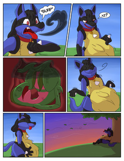 after_vore belly burping collar duo female feral outside overweight plant speech_bubble text tree uvula vore dweet-tea nintendo pokemon generation_3_pokemon generation_4_pokemon grovyle lucario pokemon_(species) 2017 comic hi_res