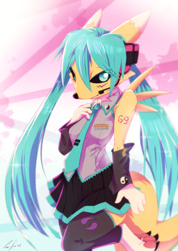 alternate_species anthro bare_shoulders black_bottomwear black_clothing black_sclera black_skirt blue_eyes blue_necktie bottomwear breasts claws clothing electronics feet fur furrification grey_clothing grey_shirt grey_topwear hair hair_between_eyes hand_on_own_chest headphones hindpaw legwear long_hair looking_at_viewer necktie on_one_leg pawpads paws pleated_skirt raised_leg shirt skirt small_breasts smile smiling_at_viewer standing thigh_highs topwear twintails_(hairstyle) yellow_body yellow_fur yin_yang surryfox bandai_namco digimon vocaloid hatsune_miku canid canine digimon_(species) mammal renamon digital_drawing_(artwork) digital_media_(artwork) hi_res