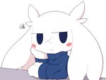 2023 4:3 anthro big_ears cave_story clothed clothing female fur hand_on_cheek hi_res km-15 lagomorph looking_at_viewer mammal mimiga scar simple_background solo sue_sakamoto sweater topwear unimpressed white_background white_body white_fur