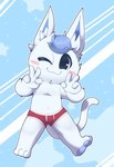 anthro blue_hair blush boxer_briefs boxer_briefs_only clothed clothing fur geometric_background gesture hair hand_gesture male navel one_eye_closed pawpads pose red_boxer_briefs red_clothing red_underwear simple_background solo tail topless underwear underwear_only v_sign white_body white_fur wink smite_(artist) animal_crossing nintendo kid_cat_(animal_crossing) domestic_cat felid feline felis mammal hi_res