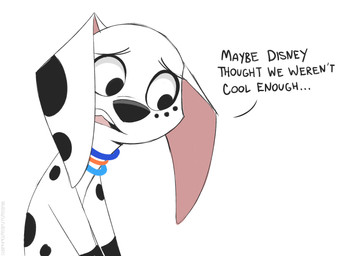 black_nose black_spots blue_collar collar female feral floppy_ears fur leg_markings markings sad socks_(marking) solo spots text toony white_body white_fur higglytownhero 101_dalmatian_street 101_dalmatians disney dolly_(101_dalmatians) canid canine canis dalmatian domestic_dog mammal 2023 english_text
