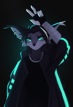 5_fingers anthro back_hair backlighting bandage bandaged_arm black_clothing black_coat black_nose black_topwear body_hair cheek_tuft clothed clothing coat ear_piercing ear_ring ear_tuft eyeliner facial_tuft fingernails fingers fur gesture green_eyes green_light green_lighting green_sclera grey_body grey_fur grey_inner_ear highlights_(coloring) hole_in_ear light light_inner_ear looking_at_viewer makeup male nails neck_chain piercing raised_arm red_eyeliner ring_piercing simple_background solo text topwear tuft white_dipstick_ears white_highlights rednroge quetz_(if-fi) canid canine mammal 2023 absurd_res artist_name digital_media_(artwork) hi_res lighting signature