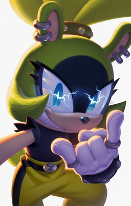 anthro belt black_clothing black_nose blue_eyes clothing devil_horns_(gesture) digit_ring ear_piercing ear_ring electricity electricity_manipulation elemental_manipulation facial_markings female finger_ring gesture gloves green_hair hair hand_gesture handwear head_markings jewelry looking_at_viewer markings mask_(marking) piercing ring_piercing sharp_teeth simple_background smile solo tail teeth white_background white_clothing white_gloves white_handwear yellow_clothing evan_stanley idw_publishing sega sonic_the_hedgehog_(comics) sonic_the_hedgehog_(idw) sonic_the_hedgehog_(series) surge_the_tenrec afrosoricid mammal tenrec 2025 digital_media_(artwork) hi_res official_art