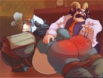 anthro armor ass_out belly blush bottomwear bottomwear_down butt butt_slap clock clothed clothing doctor duo horn hypnosis larger_male male male/male mature_male mind_control mutache pants pants_down partially_clothed punished size_difference slap smaller_male smile spank_marks spanking tail tail_motion tailwag haxsmack dr._cleric_(hero's_heart) wolf_(hero's_heart) canid canine canis mammal satyr wolf hi_res