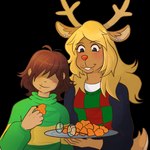 5_fingers anthro antlers blonde_hair blush breasts brown_hair buckteeth chicken_meat chicken_nugget christmas_clothing christmas_sweater christmas_topwear clothing crumbs dark_humor duo ear_piercing eating eyewear female fingers food freckles glasses grey_eyes hair hair_over_eyes happy holidays horn larger_female long_hair male male/female meat messy_hair morbid natural_breasts obscured_eyes oh_no pattern_clothing pattern_shirt pattern_topwear piercing plate red_nose scut_tail shirt short_hair short_tail simple_background size_difference smaller_male smile snowgrave striped_clothing striped_shirt striped_topwear stripes sweater sweater_vest tail teeth topwear transparent_background turtleneck vest mcribb_y christmas deltarune undertale_(series) kris_(deltarune) noelle_holiday deer human mammal new_world_deer reindeer 1:1 alpha_channel hi_res