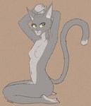 anthro areola breasts countershading female female_anthro fur grey_body grey_fur hands_behind_head kneeling looking_at_viewer nipples nude plantigrade side_view simple_background small_breasts smile solo tail yellow_eyes johndoe8771 sylvania_(johndoe8771) felid feline mammal colored digital_drawing_(artwork) digital_media_(artwork) hi_res