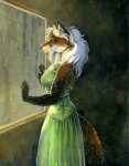 anthro backless_clothing backless_dress bleak_ambiance clothing dress female green_clothing green_dress inside raining solo tail window heather_bruton canid canine fox mammal red_fox true_fox