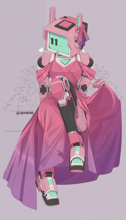 blush bow_ribbon cable clothed clothing dress female for_a_head happy machine pink_clothing pink_dress pose simple_background sitting solo tail auveiss aveline_(auveiss) humanoid robot 2025 absurd_res digital_media_(artwork) hi_res
