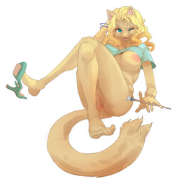 anthro big_breasts blonde_hair blue_eyes breasts brown_body brown_fur brush clothing female footwear fur genitals green_clothing green_footwear green_high_heels hair high_heels holding_brush holding_object holding_paintbrush nipples paintbrush shirt shoes simple_background smile solo tail topwear vulva white_background corablue cheese_quesadilla felid mammal 2026 digital_media_(artwork) hi_res