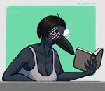 anthro beak black_body black_hair blue_eyes blush book breasts clothed clothing embarrassed eyewear female fingers glasses hair holding_object shirt simple_background solo tank_top text topwear cayugo avian bird corvid corvus_(genus) crow oscine passerine absurd_res digital_media_(artwork) hi_res