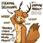 2024 2_horns anthro biped black_eyes brown_body brown_fur canid canine canis chee4newt copper_the_fennec curved_horn domestic_dog fur hi_res homophobic_slur horn looking_at_viewer male mammal profanity slim_anthro slim_male slur solo