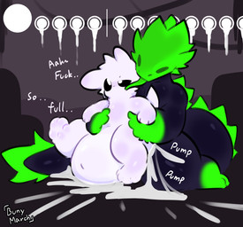 4_toes abdominal_bulge ambiguous_gender ambiguous_penetrated ambiguous_penetration anal anal_penetration anthro belly big_belly big_butt bodily_fluids butt cum cum_inflation cum_inside dialogue digitigrade duo erection feet from_behind_position fur gameplay_mechanics genital_fluids genitals held_up inflation licking male male/ambiguous male/male male_penetrated male_penetrating male_penetrating_ambiguous male_penetrating_male navel nude penetration penile penile_penetration penis sex simple_background size_difference tail text toes tongue tongue_out white_body white_fur bunymarch42 rain_world videocult lizard_(rain_world) mammal reptile scalie slugcat absurd_res digital_media_(artwork) english_text hi_res