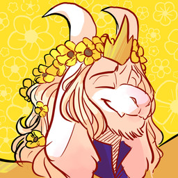 aged_up anthro beard clothing crown eyebrows eyes_closed facial_hair fangs floral flower flower_crown flower_garland fur garland hair happy head_wreath headgear horn king long_hair male pattern_background plant royalty simple_background smile solo teeth white_body white_fur white_hair fluffyboobs undertale undertale_(series) asriel_dreemurr boss_monster_(undertale) bovid caprine goat mammal 1:1 2015 bust_portrait hi_res icon portrait