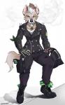 alternative_fashion anthro armor boots cigarette clothed clothing female footwear fur green_eyes gun hair headgear helmet holding_object jacket jewelry looking_at_viewer necklace punk ranged_weapon shoes smoke solo standing tomboy topwear weapon grungecandy sybil_(deathhydra) hybrid hyena mammal striped_hyena 2015