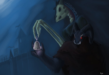 3_fingers alternate_species ambiguous_gender anthro anthrofied bell blue_body blue_fur castle cloak clothing dark fingers fur horn ponification pre-g4 red_eyes solo keilink european_mythology hasbro mlp_g1 my_little_pony my_little_pony_'n_friends mythology norse_mythology grogar_(mlp) hel_(deity) bovid caprine equid equine goat horse jotunn mammal pony absurd_res hi_res