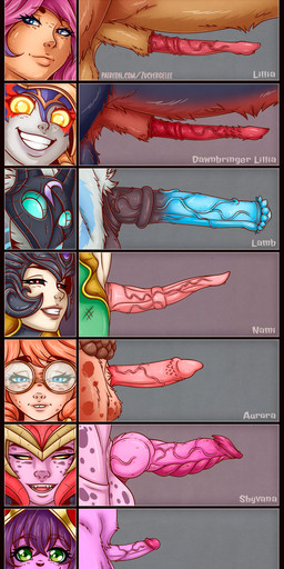 animal_genitalia animal_penis apode big_penis cervine_genitalia cervine_penis chart equine_genitalia equine_penis eyewear freckles fur genitals glasses group gynomorph intersex knot knotted_penis legless looking_at_viewer markings mask penis penis_chart serpentine size_difference small_penis smile spiked_penis spikes spikes_(anatomy) spots spotted_body spotted_fur vein veiny_penis zuckergelee league_of_legends mythology penis_lineup riot_games tencent aurora_(lol) kindred_(lol) lamb_(lol) lillia_(lol) lulu_(lol) nami_(lol) shyvana animal_humanoid deer deer_taur draconcopode dragon dragon_humanoid humanoid mammal mammal_humanoid mammal_taur mythological_creature mythological_scalie naga rodent rodent_humanoid scalie taur yordle 2025 hi_res