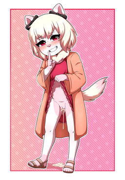 after_sex after_vaginal anthro biped blonde_hair blush blush_lines bodily_fluids clothed clothing clothing_lift coat countershade_fur countershade_torso countershading cum cum_drip cum_from_vagina cum_in_vagina cum_inside cum_on_ground dripping female footwear front_view fur genital_fluids genitals grin hair humanoid_genitalia humanoid_vulva leaking_cum looking_at_viewer multicolored_body multicolored_fur navel neck_tuft no_underwear pink_body pink_countershading pink_fur pink_nose plantigrade presenting presenting_vulva red_clothing reverse_countershading sandals shoes short_hair shush simple_background smile solo standing topwear tuft two_tone_body two_tone_fur vulva white_body white_fur young young_anthro young_female gi0 canid canine canis domestic_dog mammal pomeranian spitz 2026 absurd_res hi_res