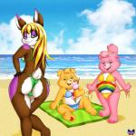 anthro beach bikini camel_toe clothing dessert female food g-string group ice_cream on_towel seaside slim smile suggestive_pose swimwear towel two-piece_swimsuit underwear onzeno care_bear_cousins care_bears cheer_bear sally_lauderdale treat_heart_pig domestic_pig hybrid lagomorph leporid mammal rabbit suid suina sus_(pig) 1:1 absurd_res hi_res