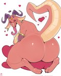 anthro big_breasts big_butt blush bodily_fluids breasts butt countershading ear_piercing ear_ring female heart_pillow heart_symbol horn horn_jewelry huge_breasts huge_butt jewelry kneeling long_tongue looking_at_viewer looking_back looking_back_at_viewer nipples non-mammal_breasts non-mammal_nipples nude piercing pillow pink_body pink_nipples pink_scales raised_tail ring_piercing saliva scales simple_background solo tail tan_body tan_countershading thick_tail tongue tongue_out white_background xerun mythology mindy_(goolee) dragon mythological_creature mythological_scalie scalie hi_res