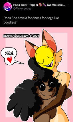 anthro ask_blog black_hair breast_squish breasts brown_body brown_fur dialogue dipstick_ears duo ear_markings eggplant_emoji eyes_closed eyewear female female/female fur glasses gloves_(marking) hair hand_on_head heart_symbol hug markings multicolored_ears nude pink_background simple_background smile squish tan_body tan_fur text wearing_glasses yellow_mask surrealatorium amber_baker cupcake_(pinkcupcakepup) canid canine canis domestic_cat domestic_dog felid feline felis mammal poodle siamese_cat 2024 absurd_res english_text hi_res
